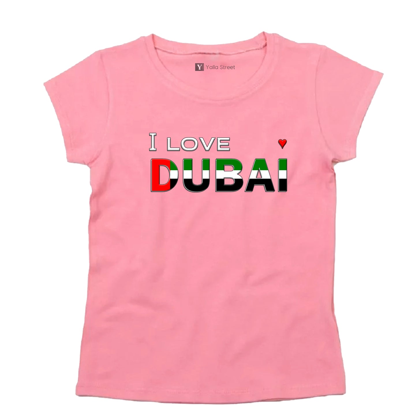 I Love Dubai T-Shirt – UAE Flag Colors Print White 100% Cotton Fitted Tee for Women