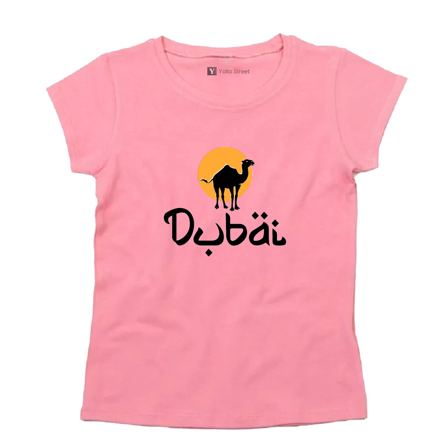 “Dubai Desert Vibes” Women’s T-Shirt – Camel & Sunset Graphic