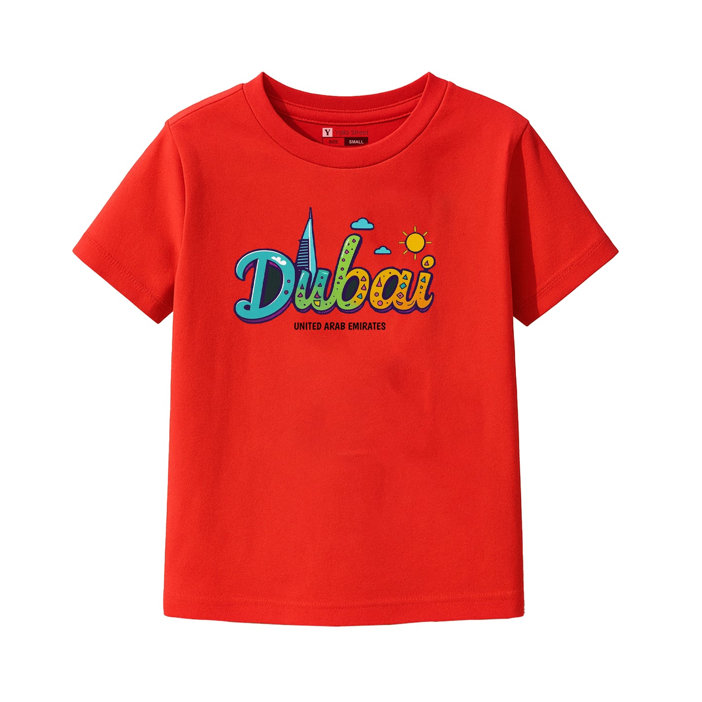 Dubai Kids T-Shirt – Colorful Skyline Text Design | UAE Souvenir Tee for Boys & Girls