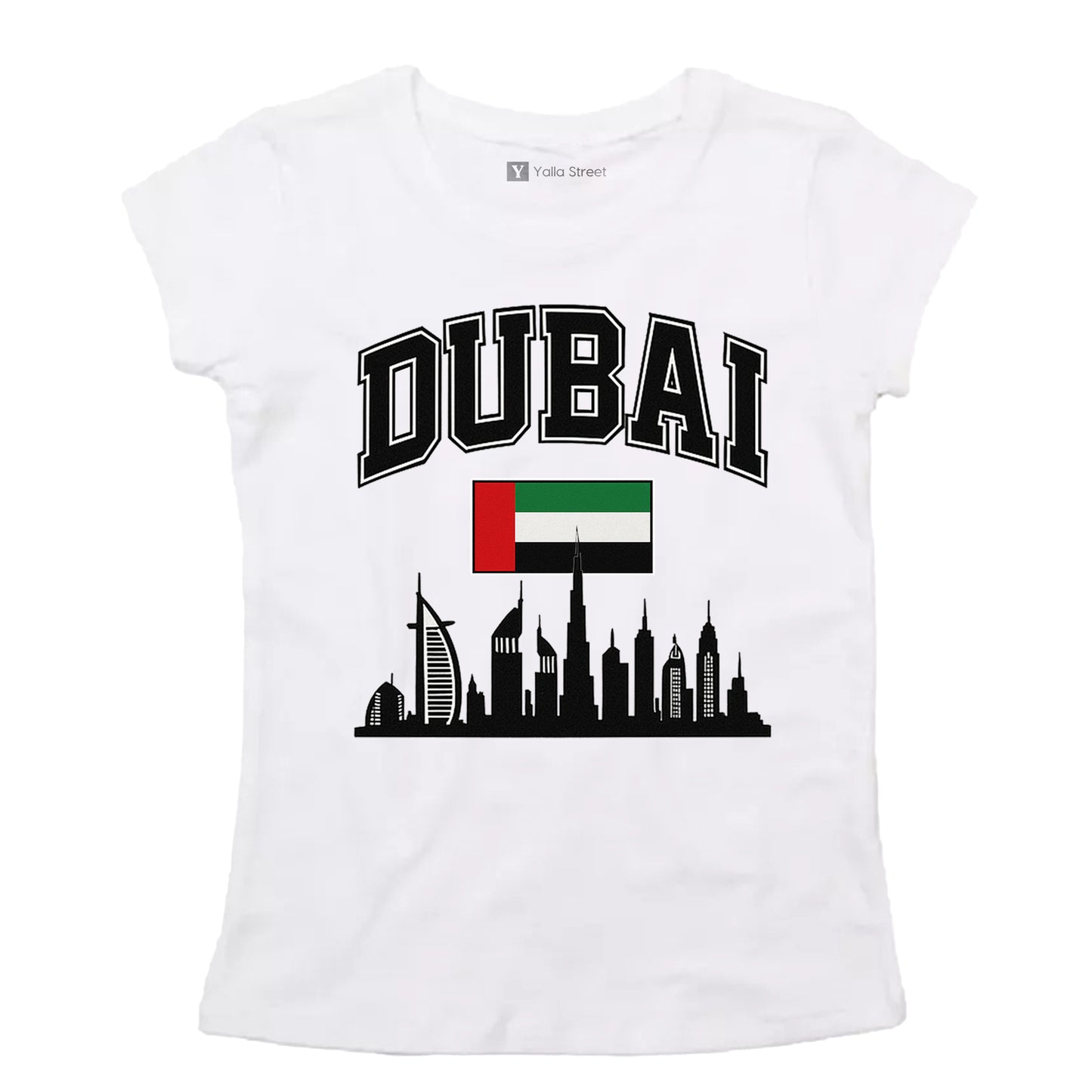 Dubai Skyline & Flag Women’s T-Shirt – Varsity Style | 100% Cotton