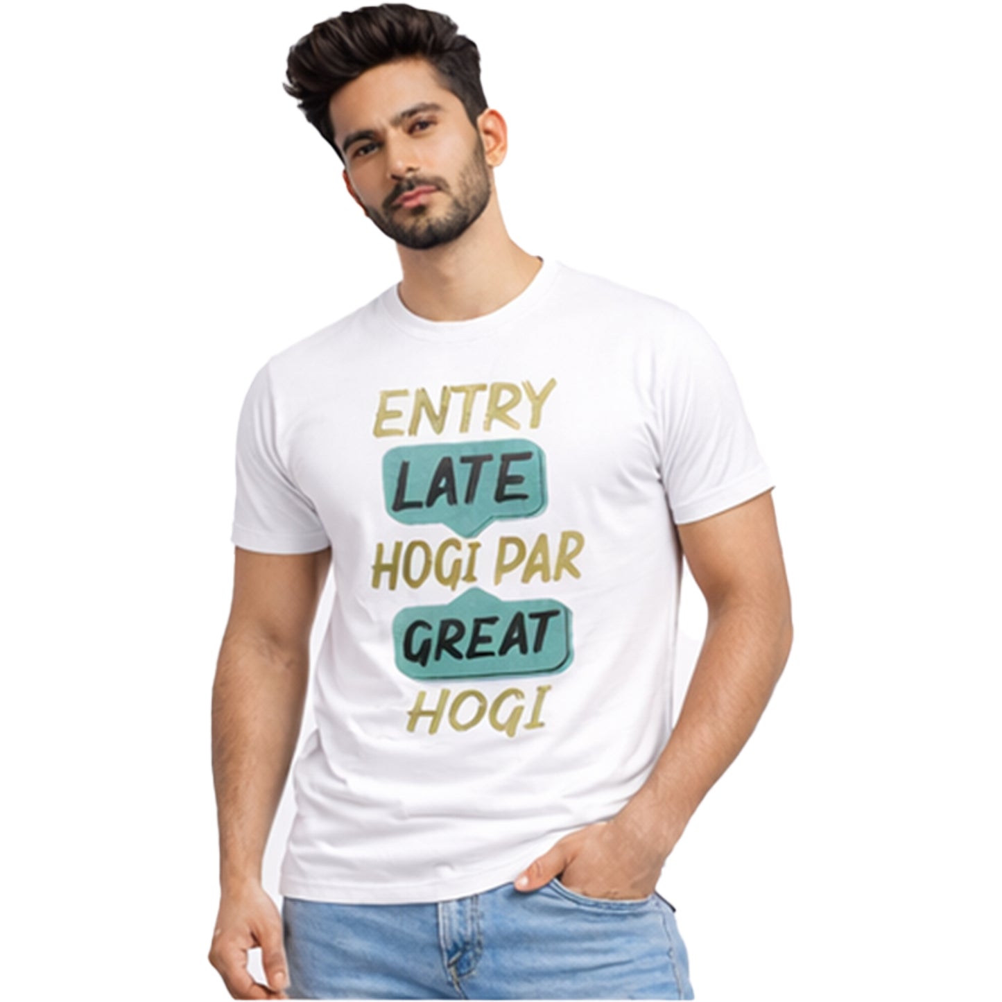 Entry Late Hogi Par Great Hogi Funny Hindi Quote Unisex T-Shirt – Motivational Humor Tee