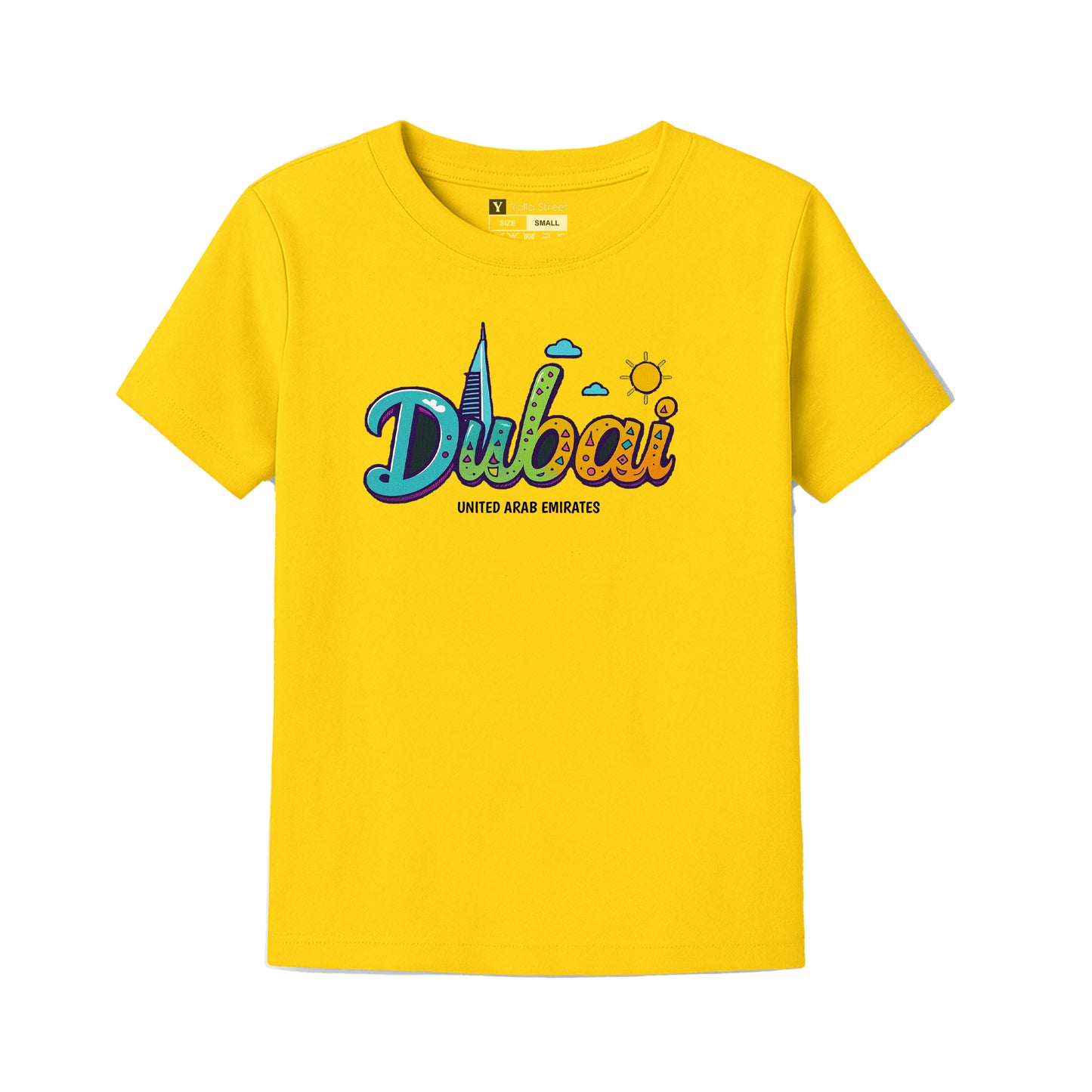 Dubai Kids T-Shirt – Colorful Skyline Text Design | UAE Souvenir Tee for Boys & Girls